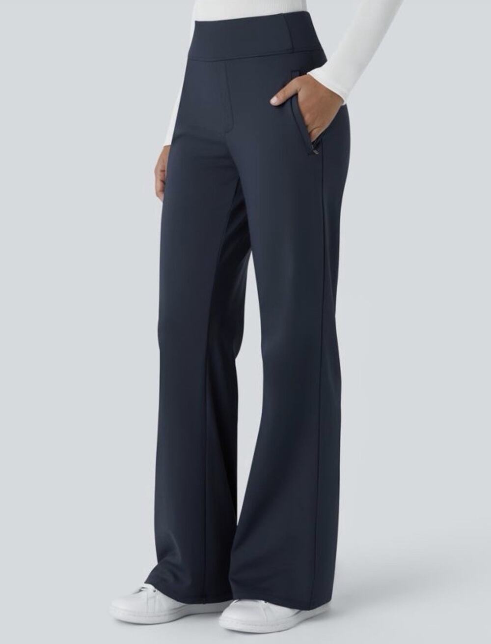 Halara FlexDayStretch Mid Rise Side Zipper Pocket Work Flare Pants med petite